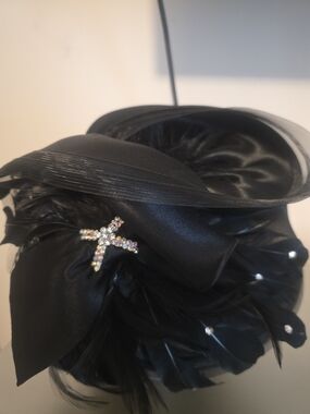 Black Satin Feather Cocktail Hat with Crystal Cross Accent